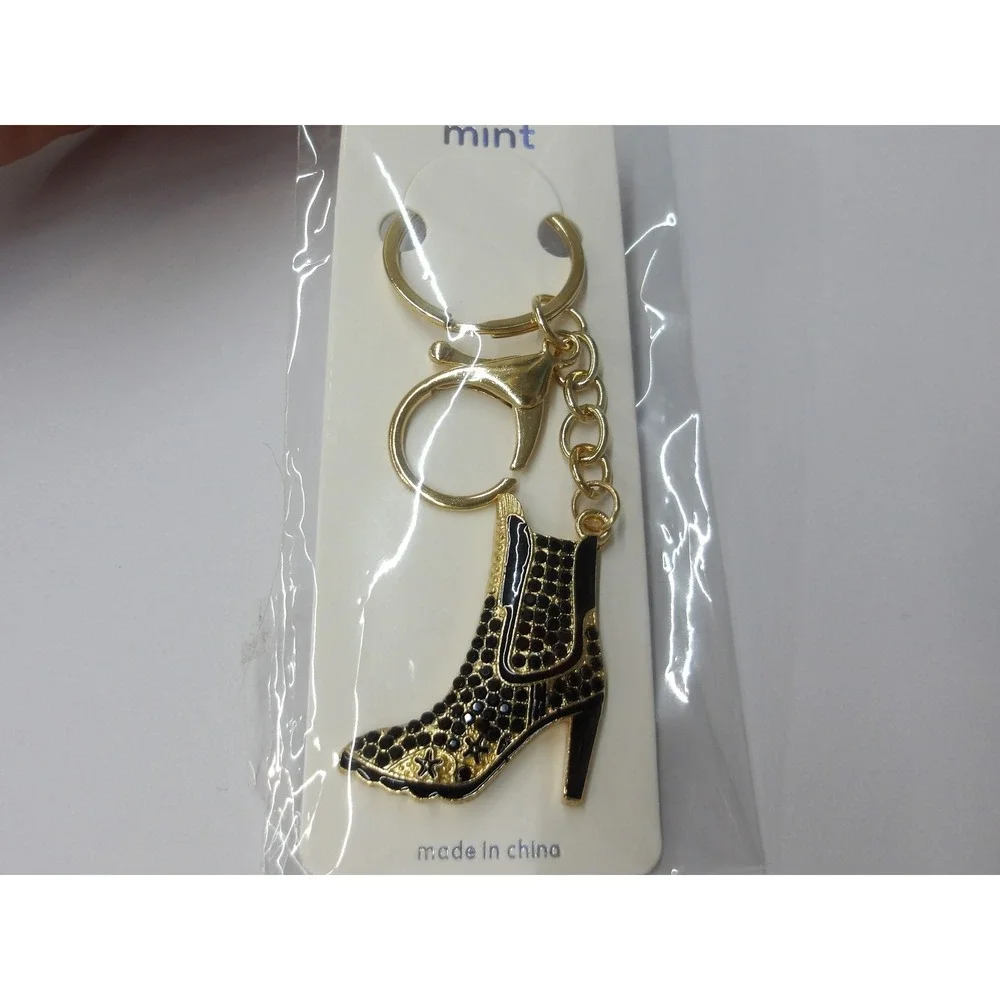 Mint Gold Black Enamel Rhinestone High Heel Boot Keychain‎ Purse Charm/ #26689